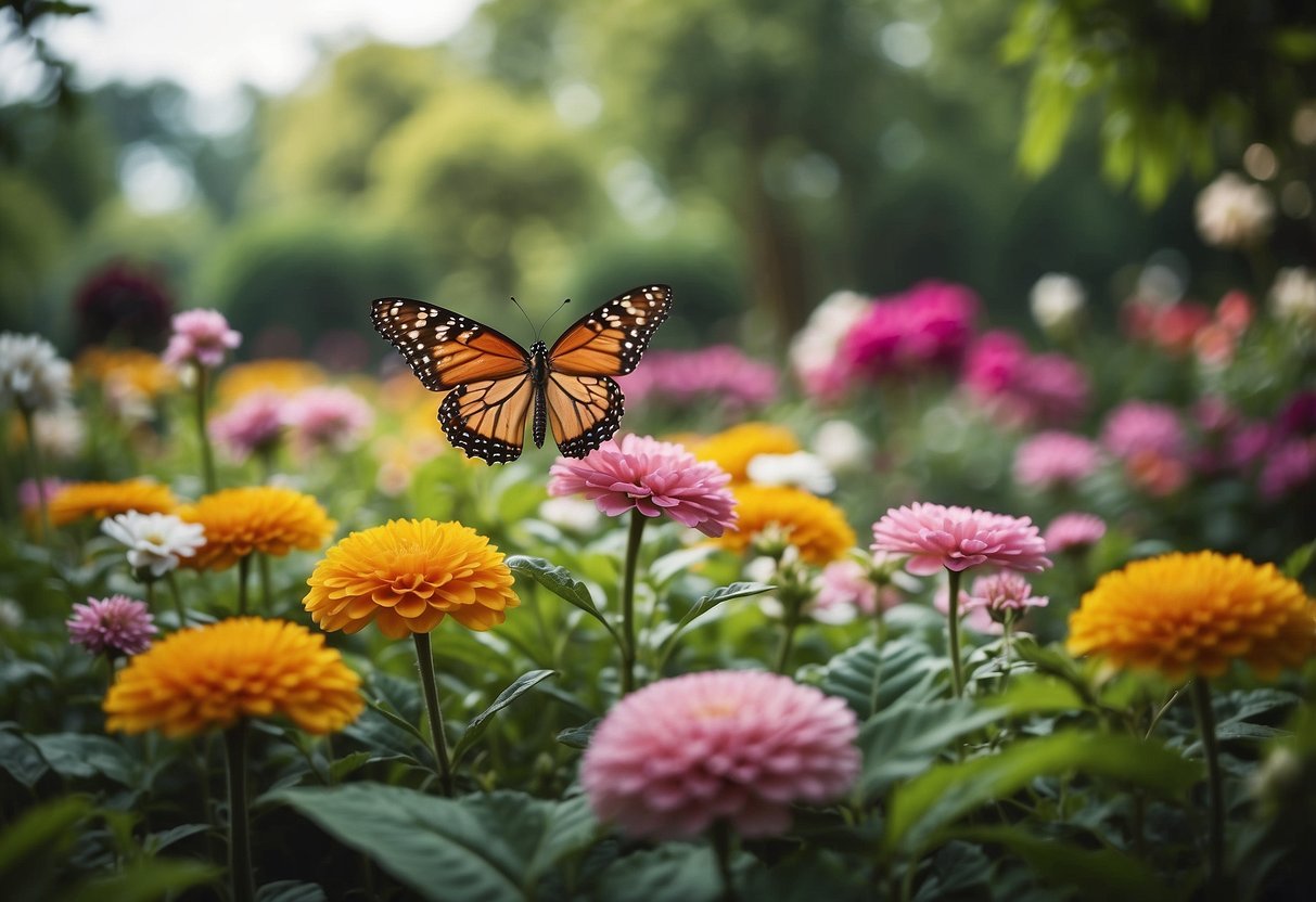 A garden adorned with colorful Eid decorations, surrounded by lush greenery and blooming flowers, with elements of nature such as birds, butterflies, and flowing water