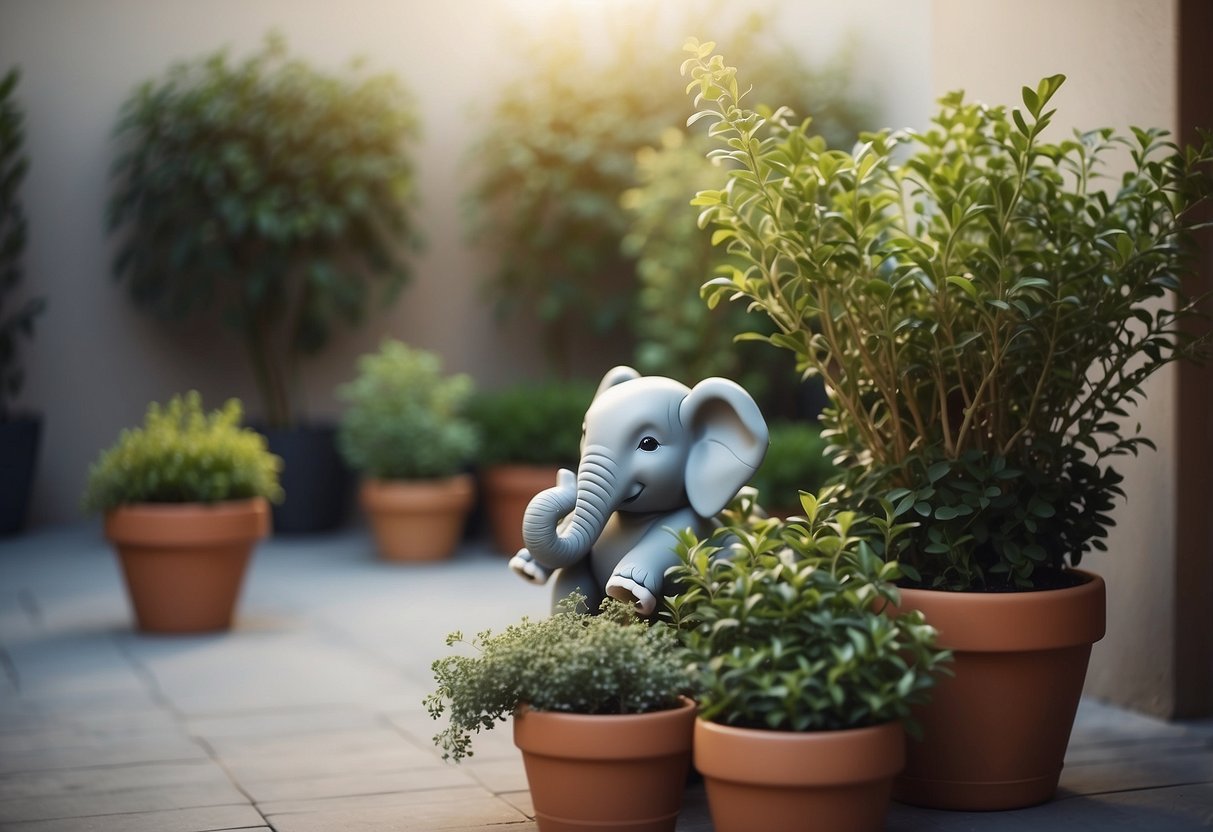 A cozy patio with potted elephant bush plants arranged in a garden-like setting, creating a serene and inviting outdoor space