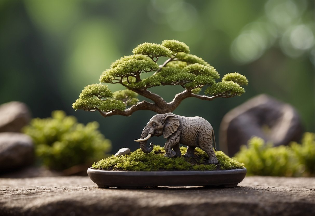 A miniature elephant bush bonsai tree sits in a serene garden, surrounded by tiny rocks and moss. The tree is carefully pruned and shaped, creating a peaceful and harmonious scene