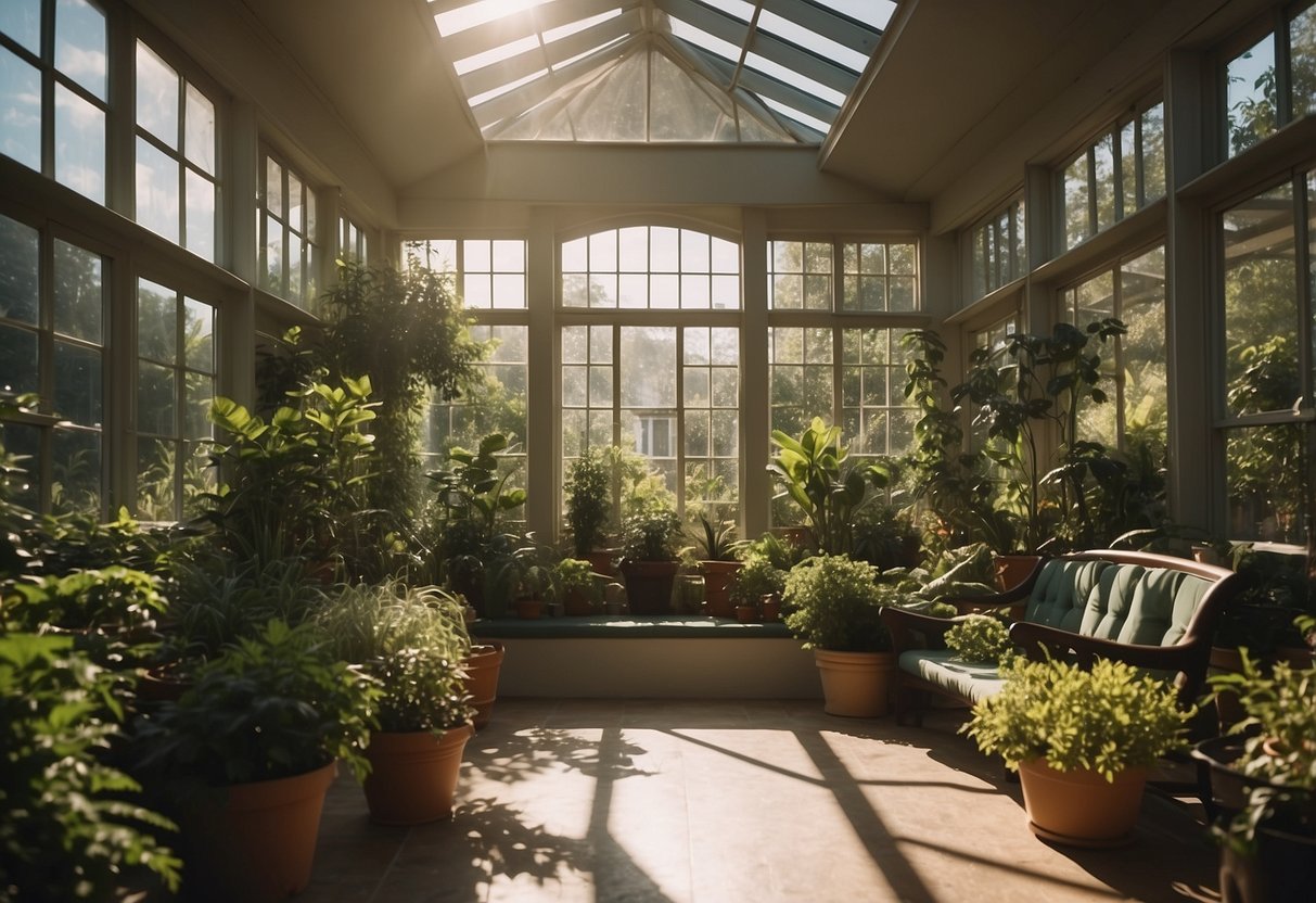 A sunlit sunroom filled with lush elephant bush plants arranged in a garden-like setting