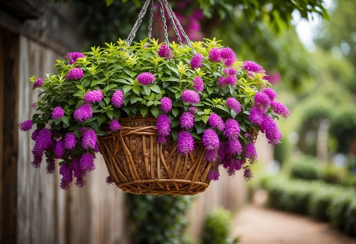 A hanging basket filled with vibrant elephant bush cascades down a rustic garden wall, creating a lush and colorful display