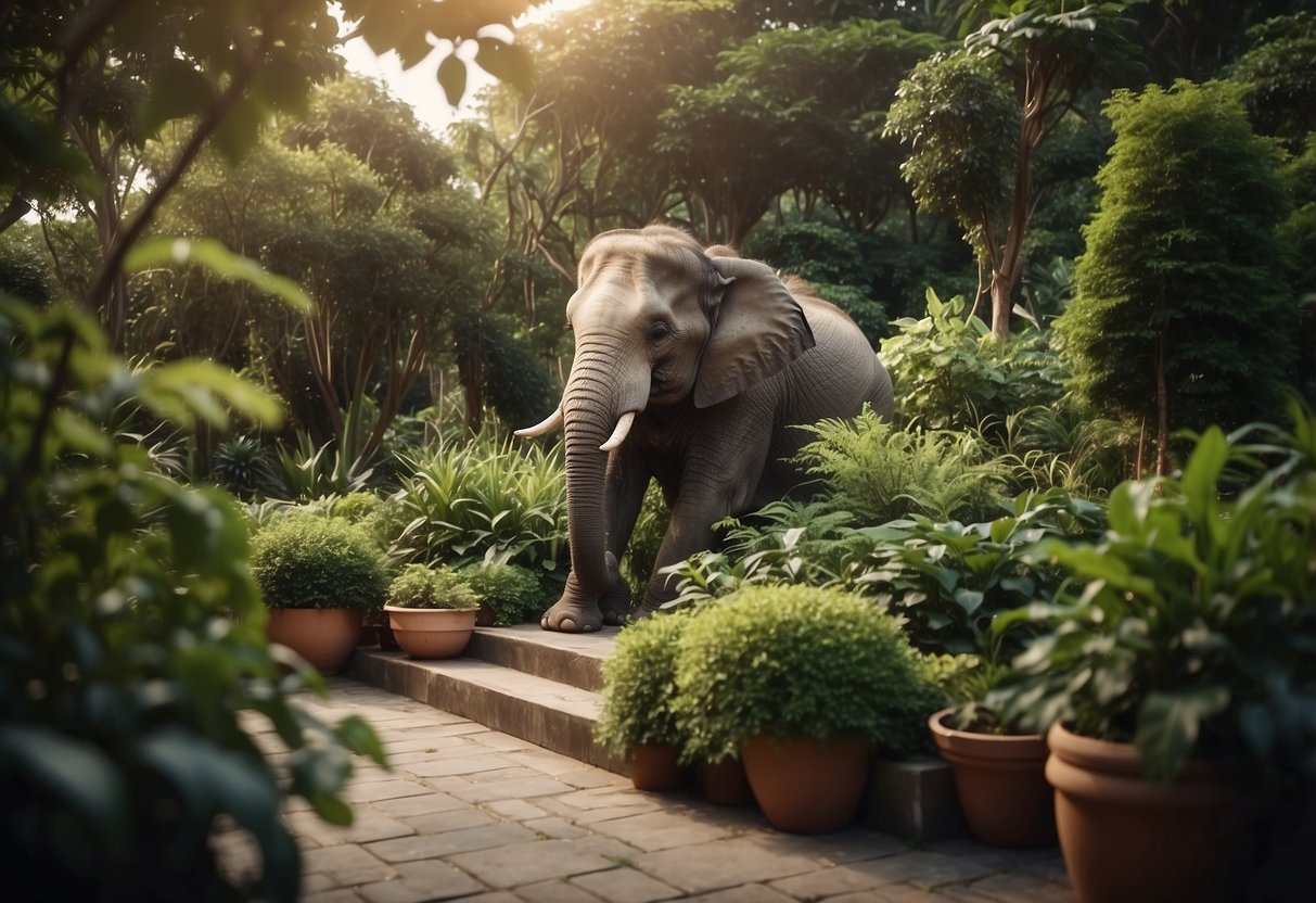 A lush terrace garden with elephant bush border planting, featuring vibrant greenery and cascading foliage