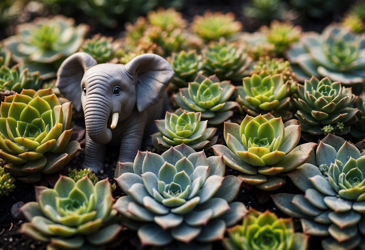 A variety of succulents, including elephant bush, are arranged in a garden. The colors and textures create a visually appealing and harmonious display