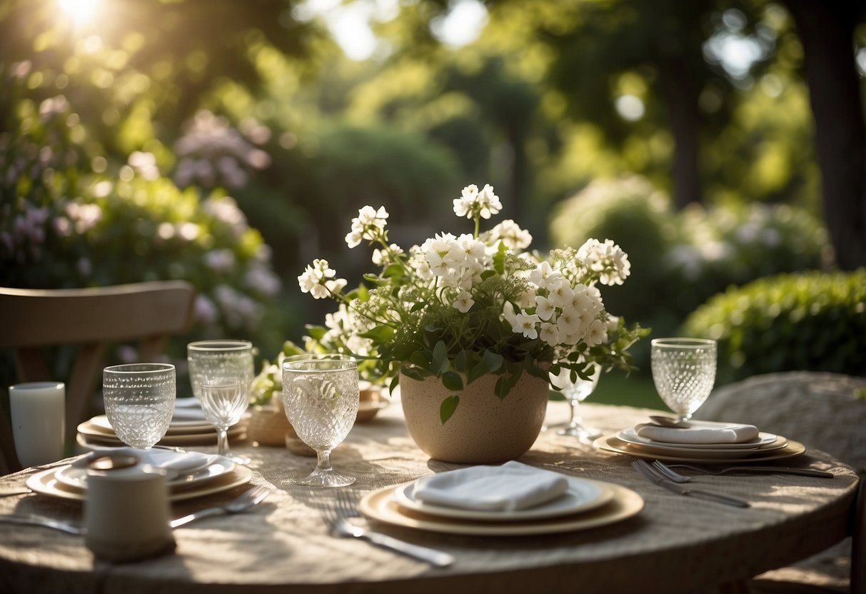 A lush garden with blooming flowers, a table set with elegant floral invitations, and soft sunlight filtering through the trees