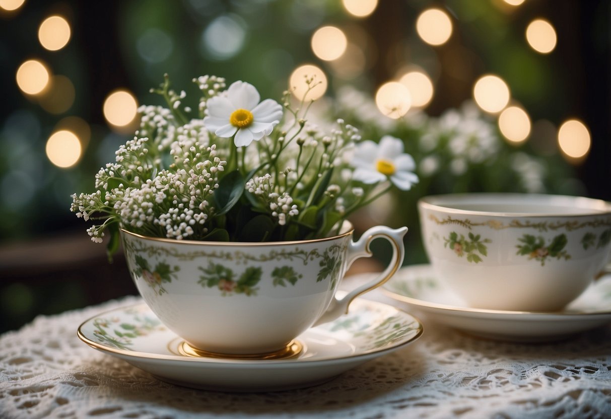 Vintage teacups filled with delicate flowers and greenery arranged on lace doilies, surrounded by twinkling fairy lights in a lush garden setting