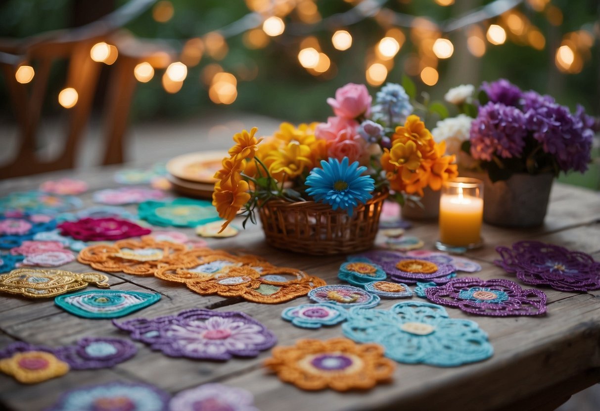 A table set with colorful fabric markers, iron-on patches, and ribbons. A backdrop of blooming flowers and hanging lights