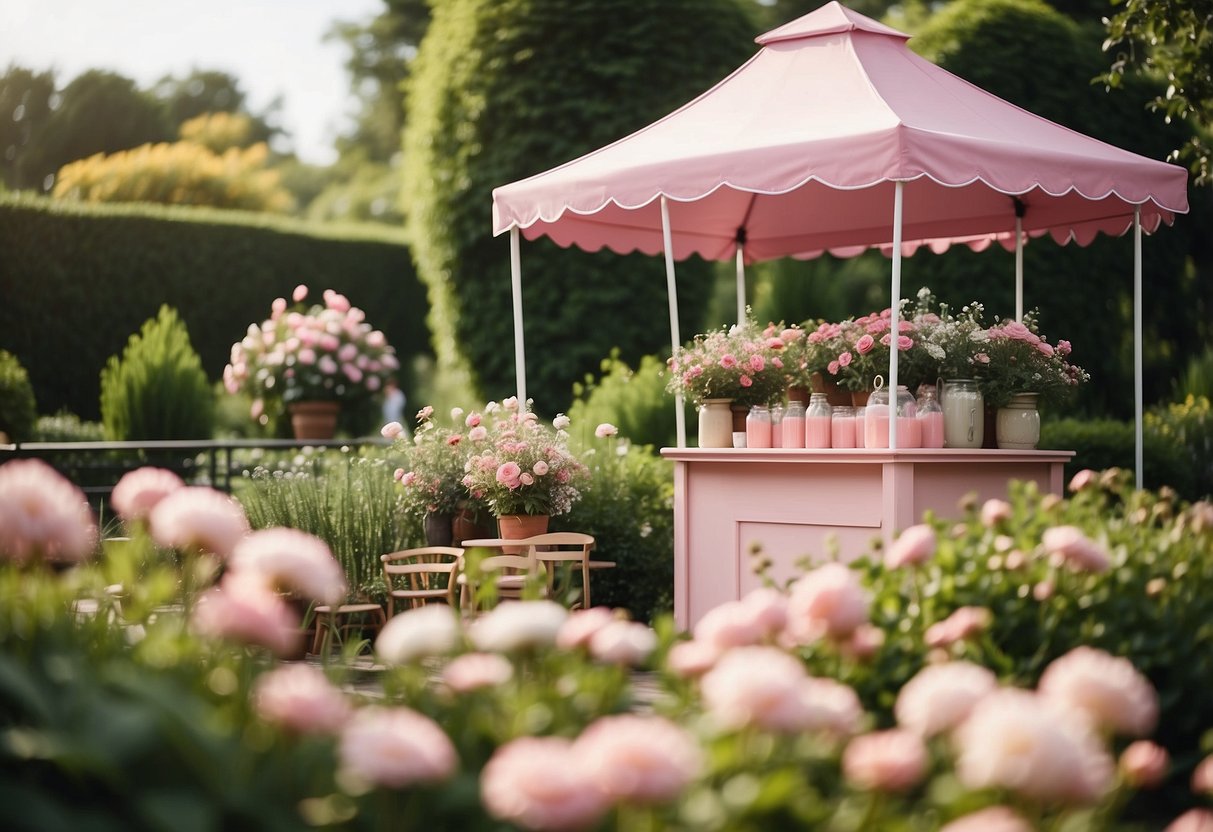 An elegant garden with a pink lemonade stand, adorned with delicate flowers and lush greenery, perfect for a baby shower celebration