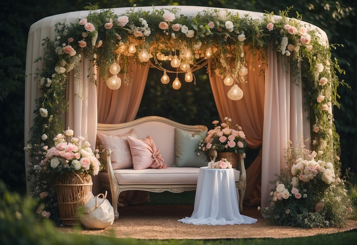 A charming garden fairy photo booth with elegant decor for a baby shower