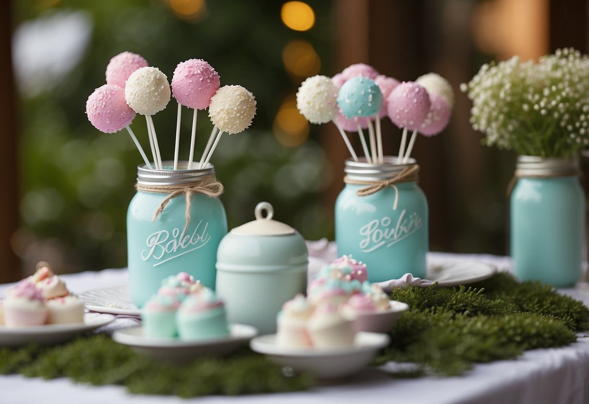 A table adorned with mason jar cake pops, surrounded by elegant garden decor for a baby shower