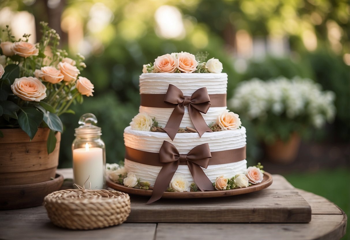 A rustic diaper cake sits atop a vintage wooden table, surrounded by elegant garden decor and fresh flowers, creating a charming ambiance for a baby shower