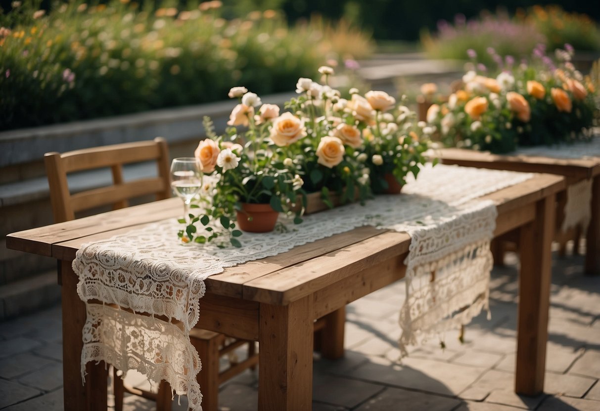 A garden table adorned with burlap and lace runners, surrounded by delicate flowers and greenery