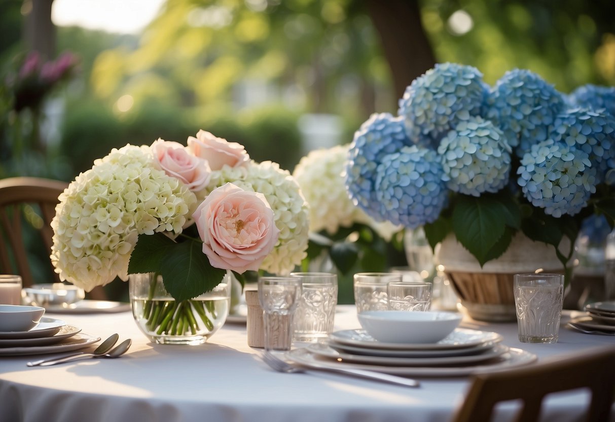 A table adorned with hydrangea and rose arrangements, set in an elegant garden for a baby shower