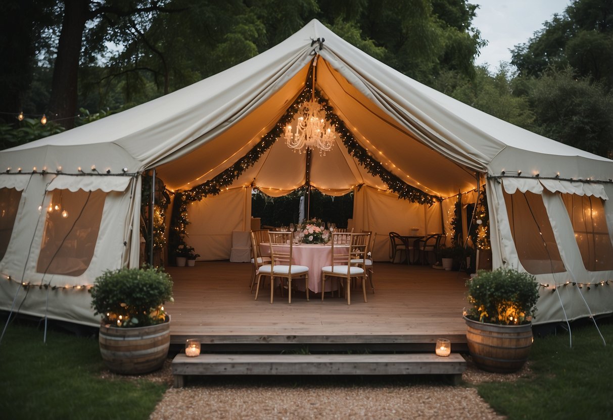 An outdoor tent adorned with fairy lights, set within an elegant garden, perfect for a baby shower celebration