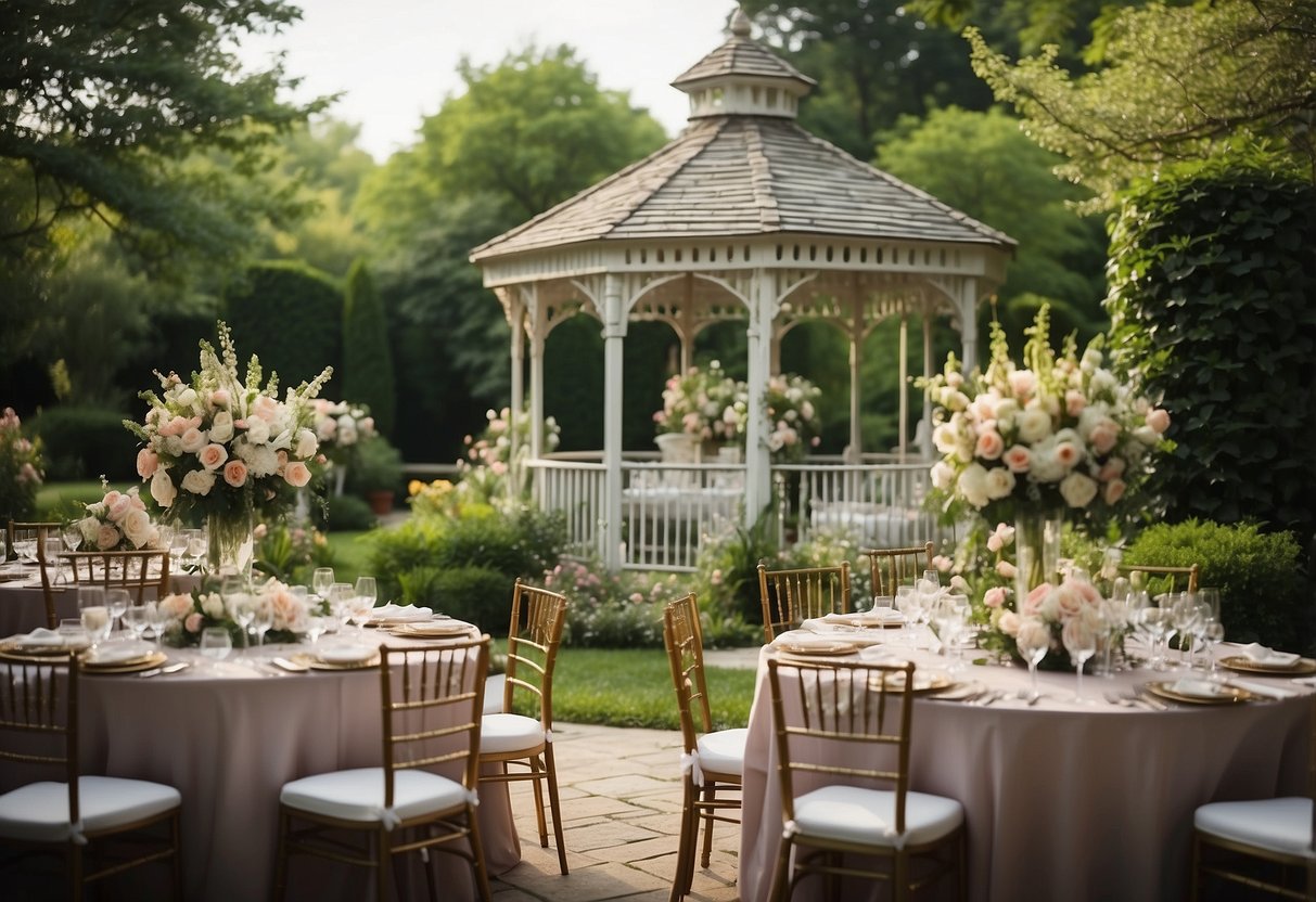 A lush garden with blooming flowers and a charming gazebo sets the scene for an elegant baby shower. Tables adorned with delicate linens and floral centerpieces create a picturesque setting for the celebration