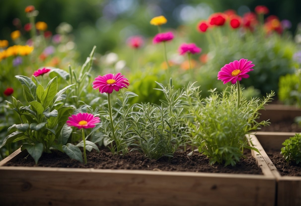 A raised herb garden with empty beds, surrounded by colorful flowers and lush greenery