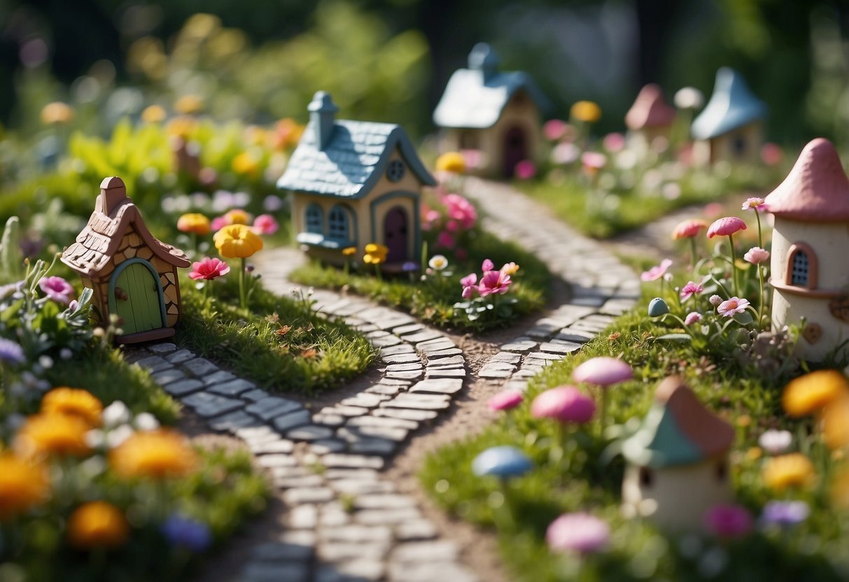 An empty garden bed with whimsical fairy houses, colorful flowers, and winding pathways