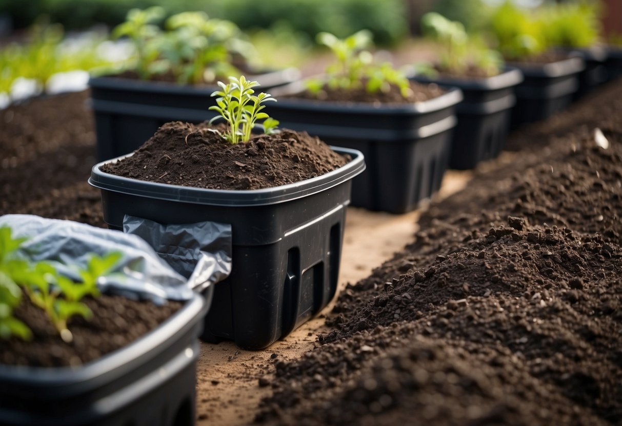 A garden bed with rich, dark soil, ready for planting. Surrounding it are neatly stacked bags of compost and a variety of seed packets