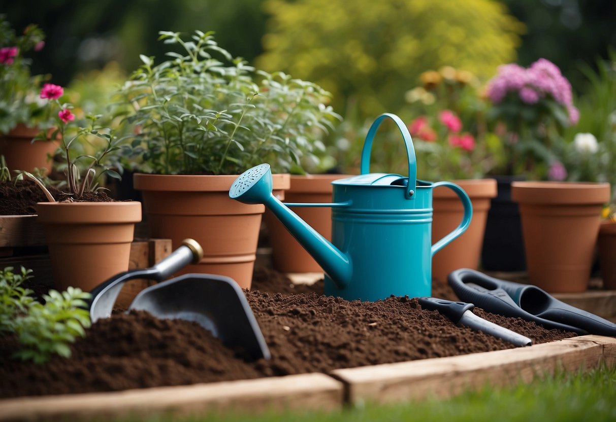 A garden bed with empty soil, surrounded by gardening tools and supplies. A stack of plant pots and a watering can sit nearby, ready for new plants