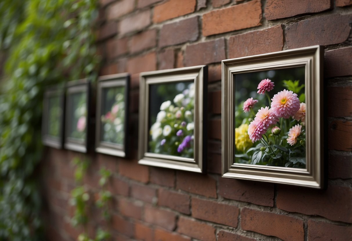 Empty vertical hanging frames adorn a garden wall, ready to showcase colorful botanical artwork