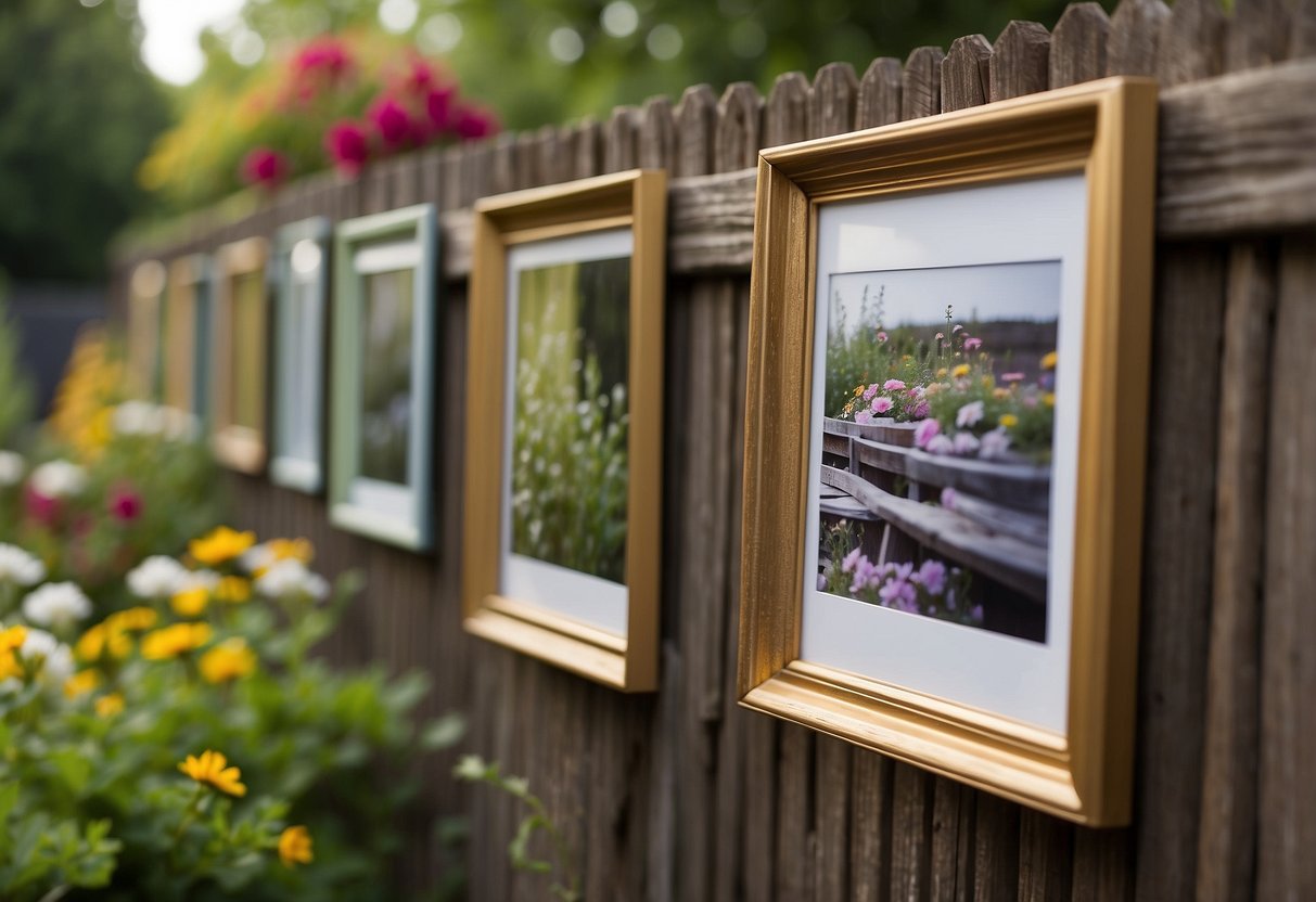 A frame-covered fence surrounds a garden with empty picture frames hanging on it, suggesting creative garden ideas