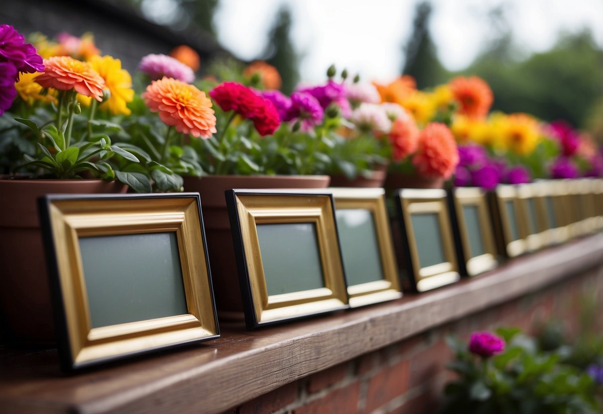 A row of empty picture frames sit atop planters in a garden, waiting to showcase colorful blooms and greenery