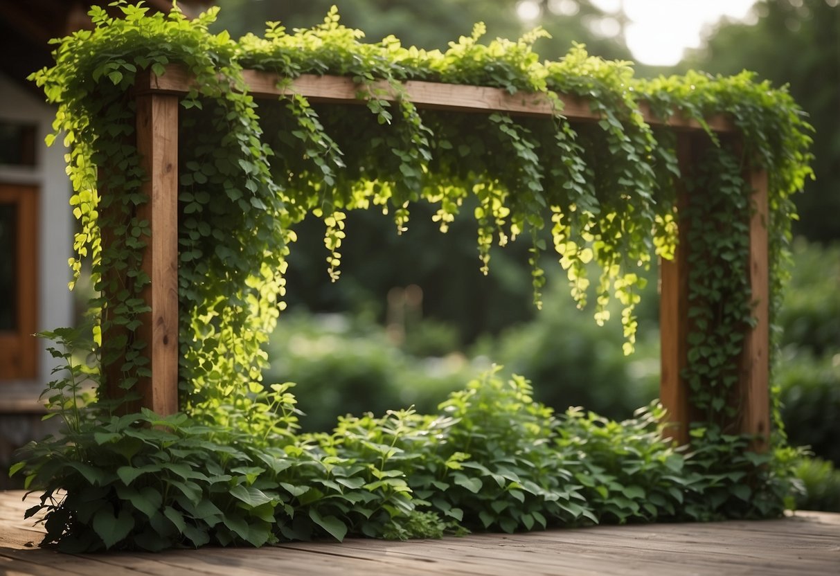 Lush green vines cascade over a wooden frame, creating a natural picture frame in a garden setting