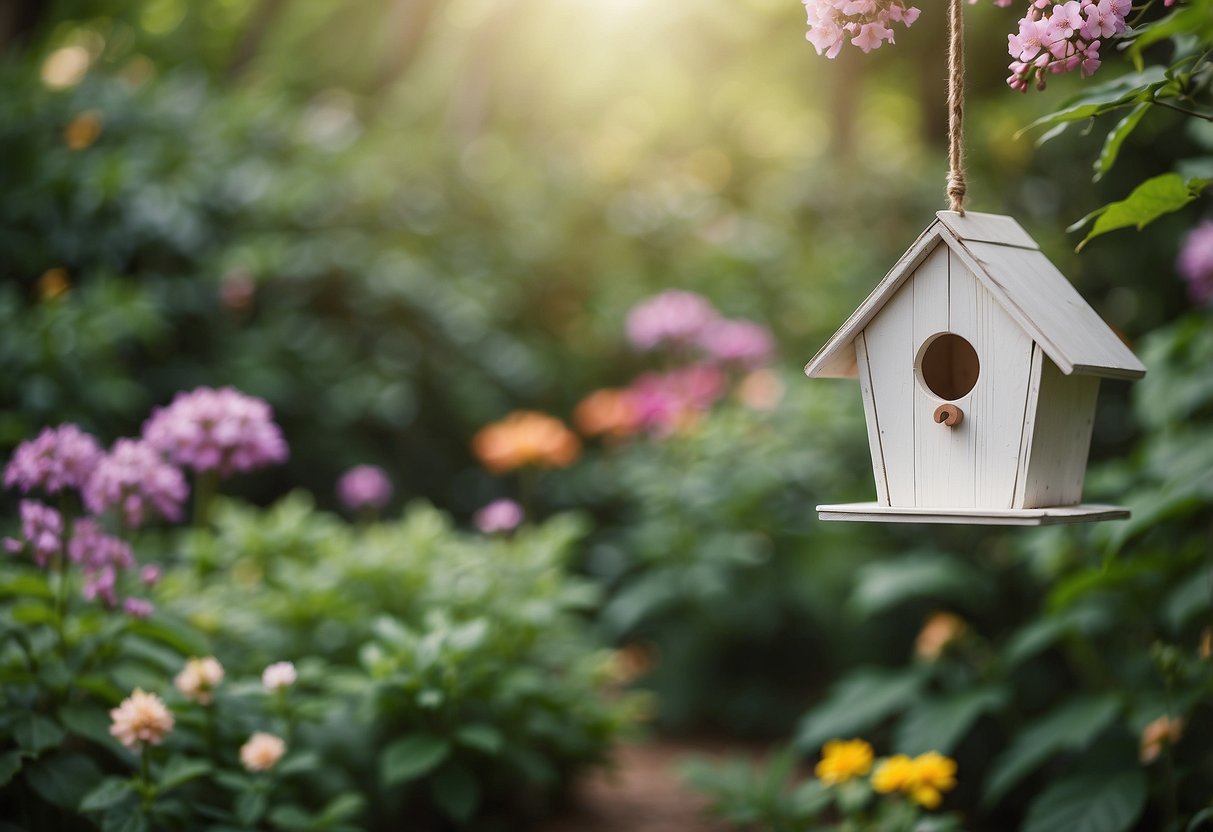 An empty birdhouse frame hangs in a garden, surrounded by blooming flowers and lush greenery