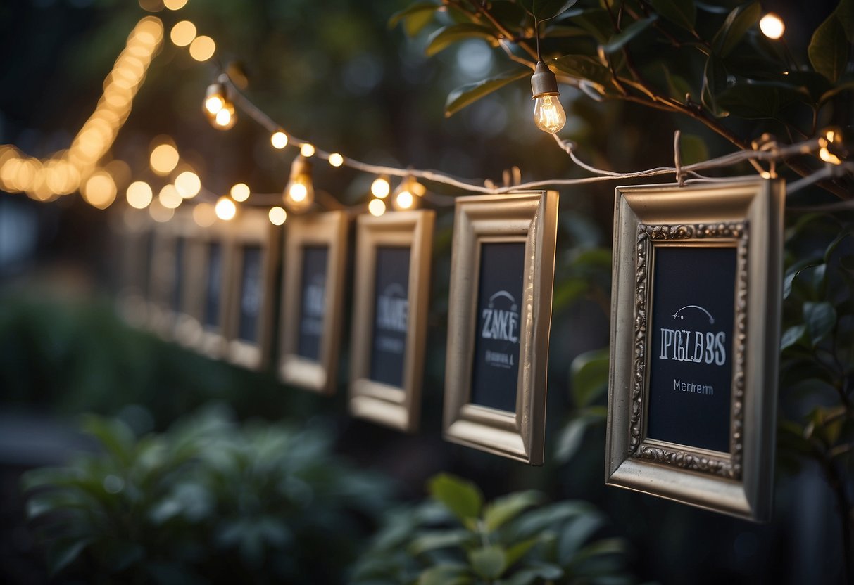 A garden with fairy lights hanging on empty picture frames