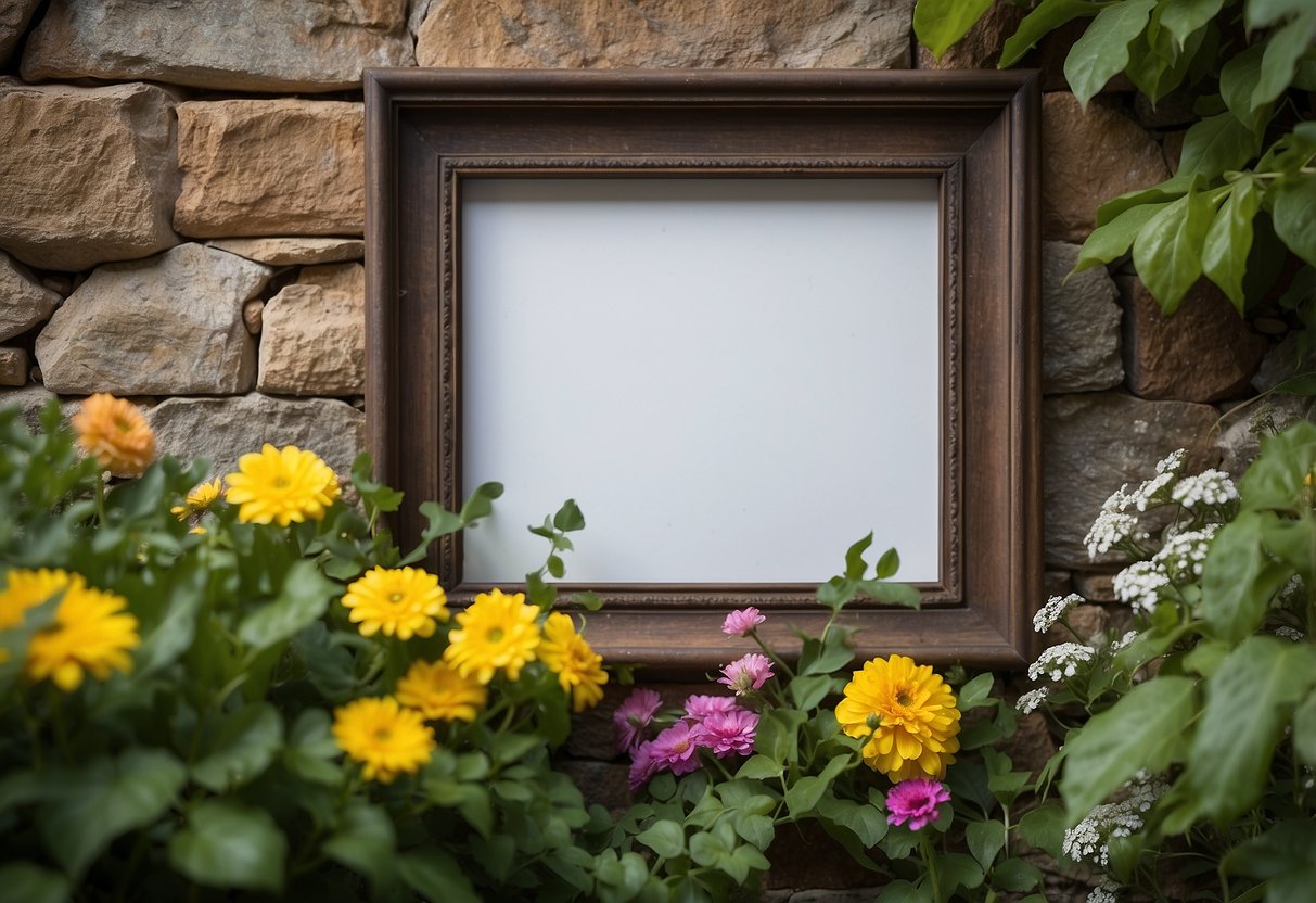 An empty picture frame hangs on a garden wall, surrounded by lush greenery and colorful flowers. The frame is weathered but sturdy, adding a touch of rustic charm to the outdoor space