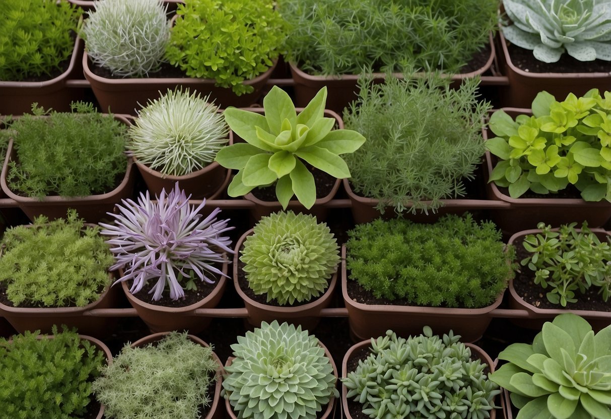 A variety of herbs arranged in neat rows, surrounded by winding paths and decorative borders. A mix of colors and textures create a visually appealing design for garden embroidery ideas