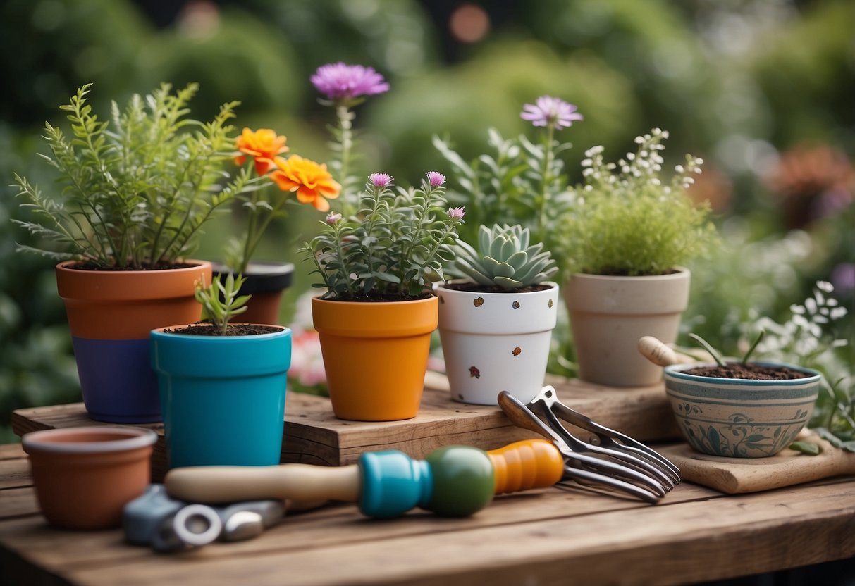 A variety of garden tools and pots arranged with colorful embroidery designs