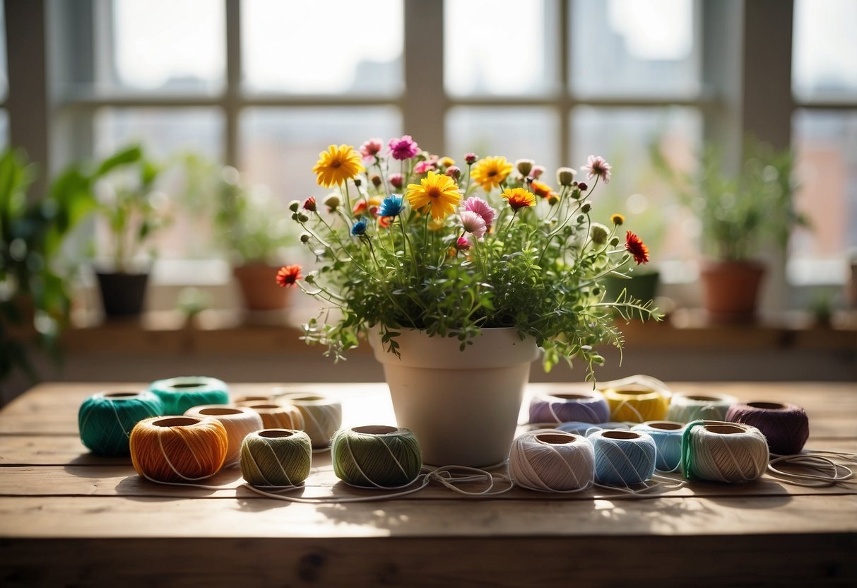 A table with colorful threads, needles, and embroidery hoops. Potted plants and flowers in the background. Bright natural light coming through a window