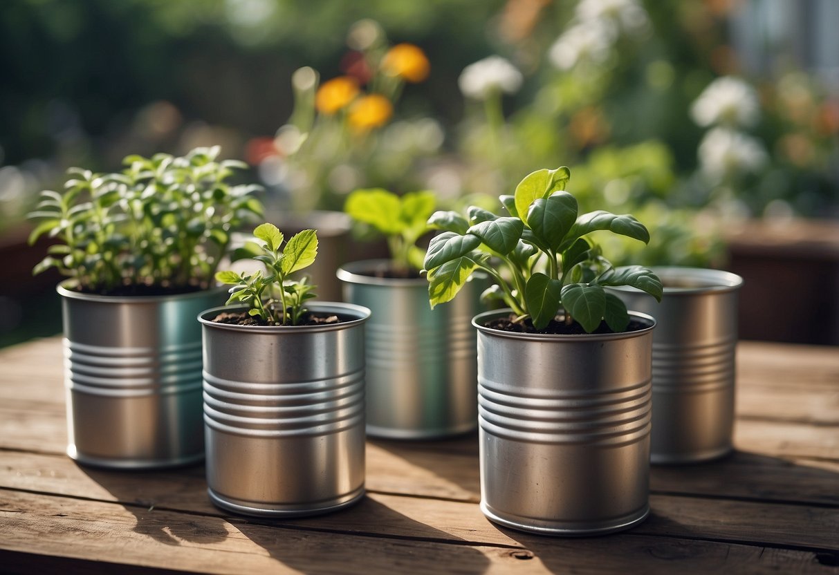 Empty cans converted into self-watering planters in a DIY garden setting