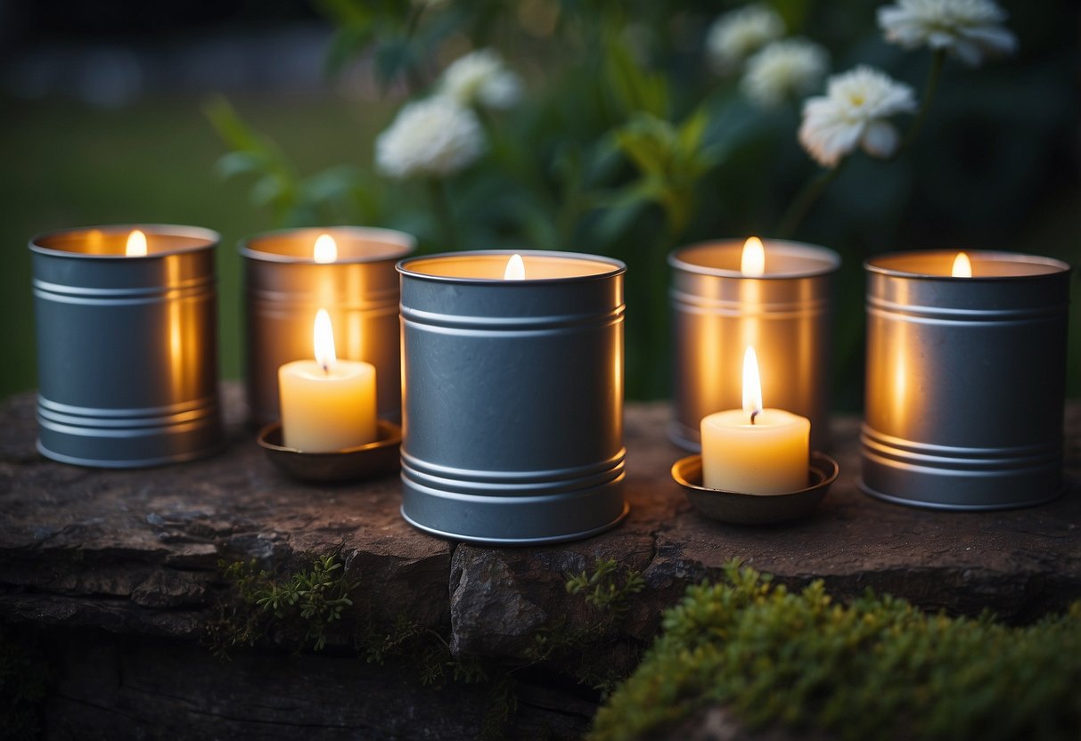 Empty cans repurposed as outdoor candle holders in a garden setting. DIY garden decor idea