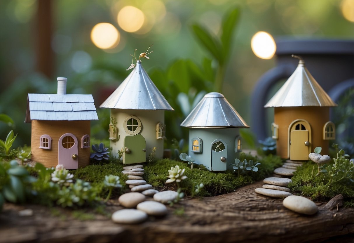 Empty cans repurposed as fairy garden houses in a whimsical DIY garden setting