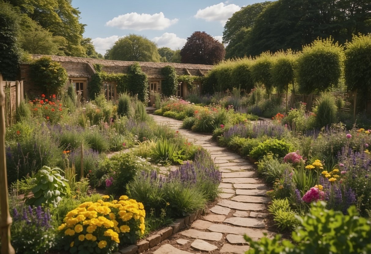 A walled vegetable garden with colorful plants and flowers, surrounded by a quaint English country garden, with pathways and a rustic charm