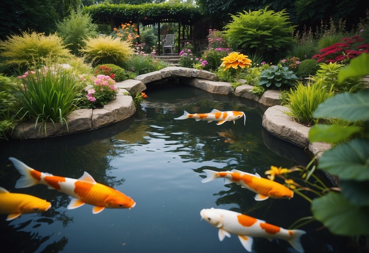 A serene pond with colorful Koi fish surrounded by lush English garden plants and flowers