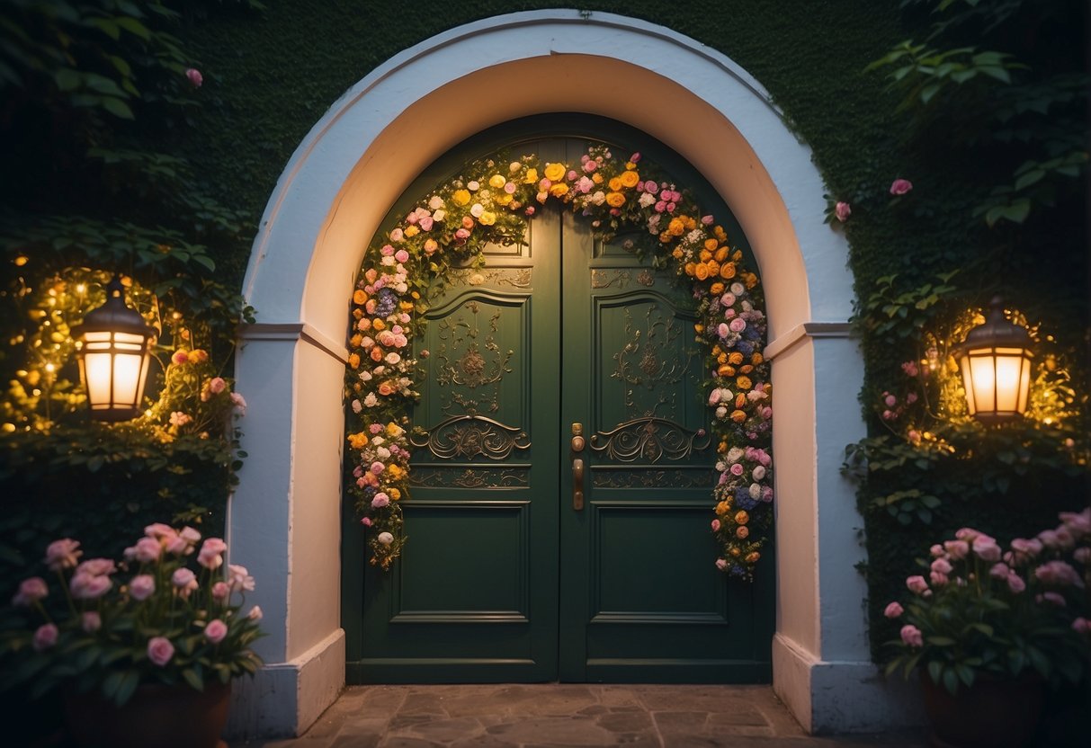 A small, intricately carved door nestled among vibrant flowers and lush greenery, with soft, glowing lights emanating from within