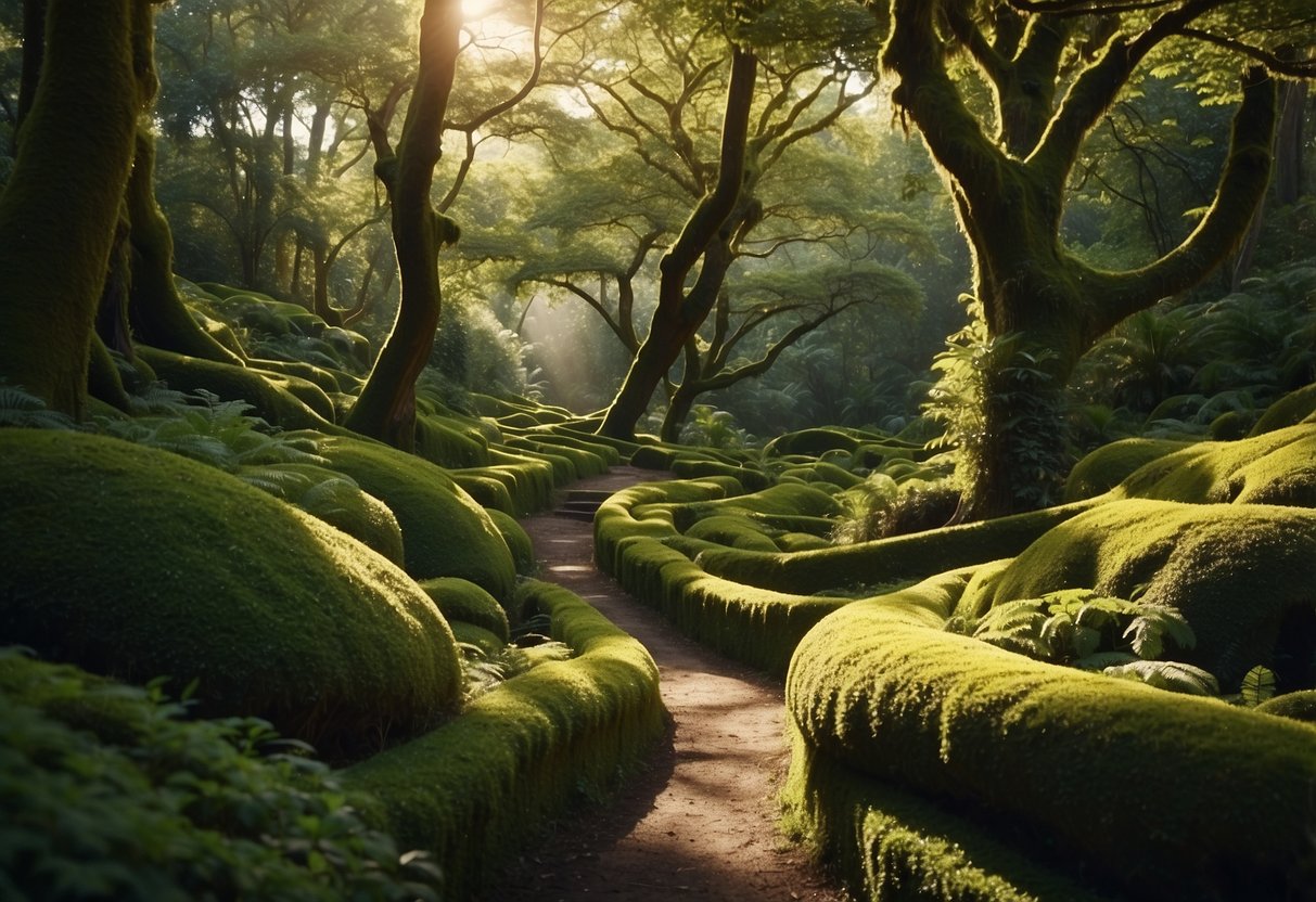 A winding pathway, covered in lush green moss, meanders through an enchanted forest garden, with dappled sunlight filtering through the canopy above