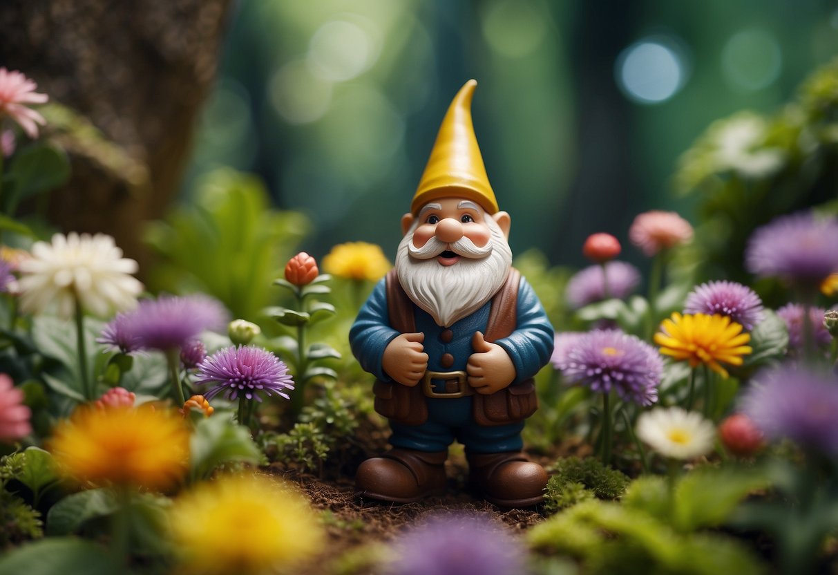 A whimsical garden gnome stands among vibrant flowers and lush greenery in an enchanted forest garden