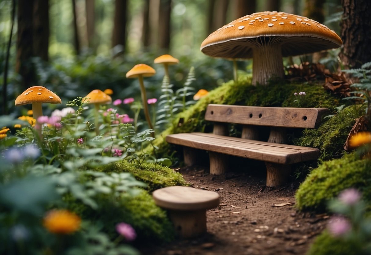 A mushroom seating area nestled in an enchanted forest garden, surrounded by lush greenery and colorful flowers