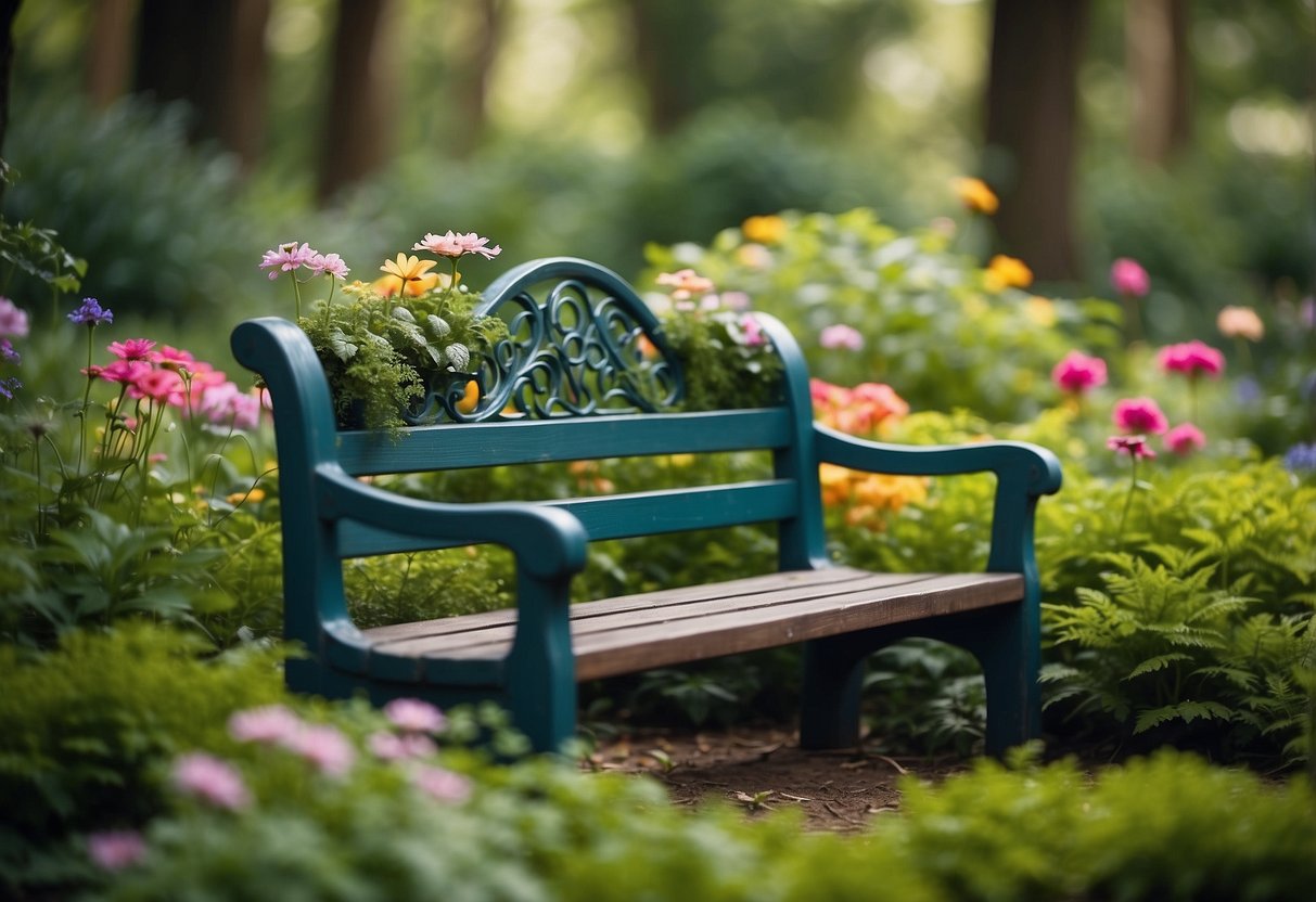 A secluded garden bench nestled among lush greenery, with colorful flowers and whimsical creatures peeking out from the surrounding enchanted forest