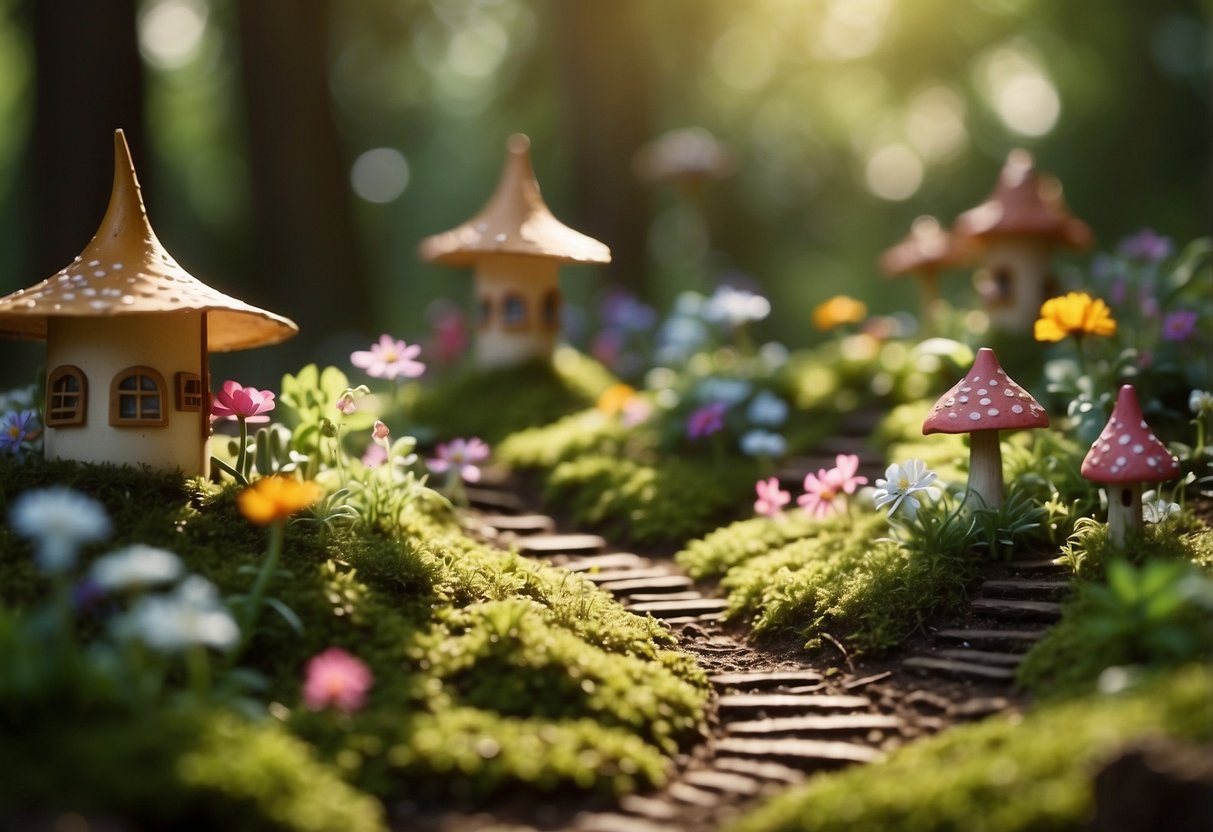 A lush forest garden with winding paths, colorful flowers, and whimsical fairy houses nestled among the trees. Sunlight filters through the foliage, casting dappled shadows on the moss-covered ground