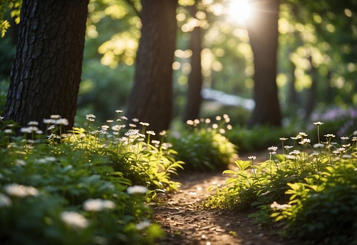 Sunlight filters through lush foliage, casting dappled shadows on winding paths. Colorful flowers bloom alongside sparkling streams, while whimsical creatures frolic among towering trees