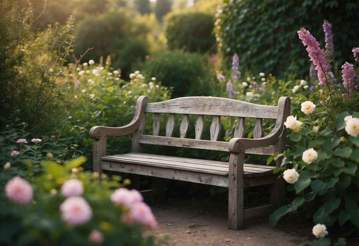 A weathered garden bench nestled among overgrown flowers and vines. A peaceful, rustic setting with a touch of charm