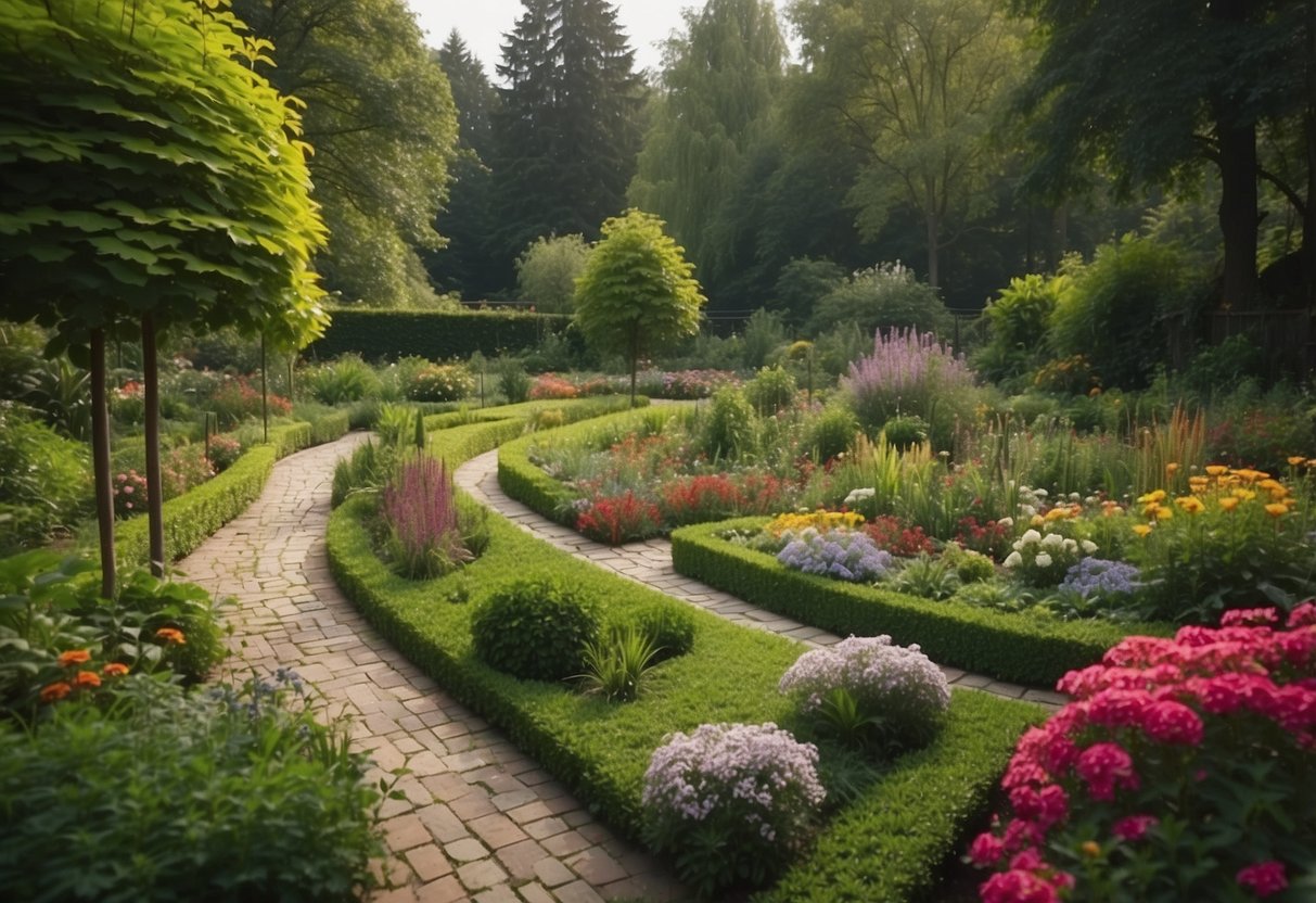 A sprawling garden with winding pathways, vibrant flower beds, and neatly arranged vegetable plots, all surrounded by lush greenery and tall trees