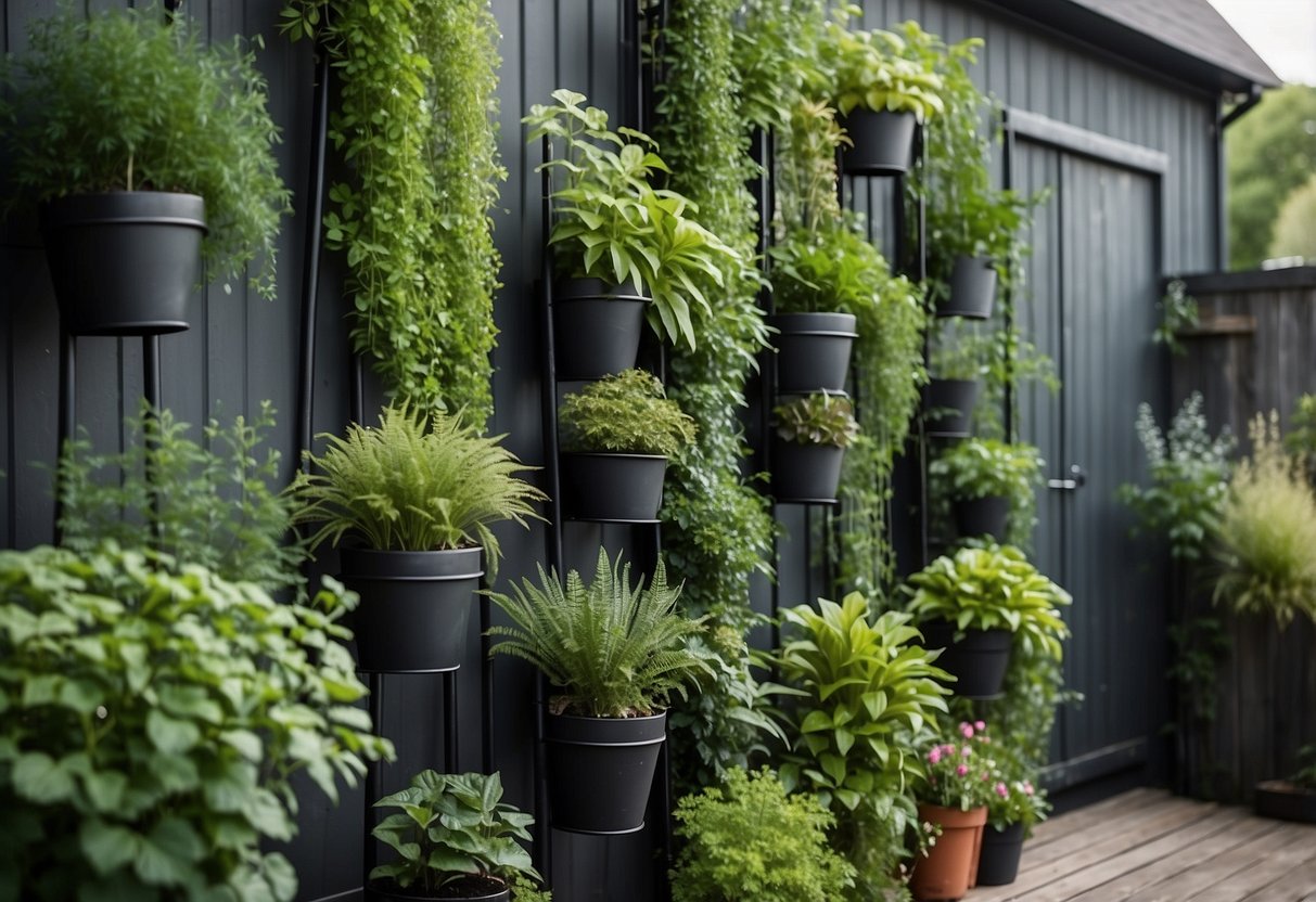 Lush green plants climb up metal plant stands, creating a vertical garden in a suburban backyard. A variety of flowers and herbs fill the space, bringing life and color to the housing estate