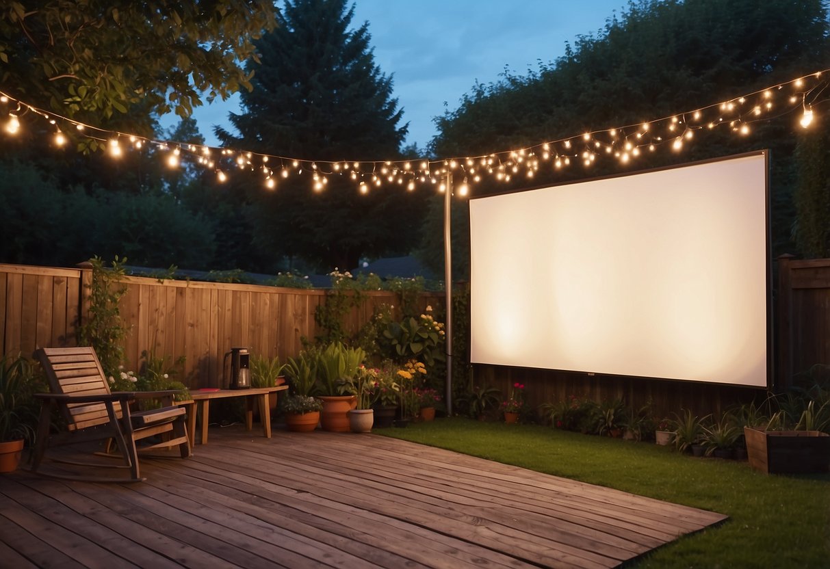 A large white screen is propped up against a wooden fence in a lush green back garden. Colorful fairy lights are strung up around the perimeter, creating a cozy and inviting atmosphere for an outdoor cinema setup