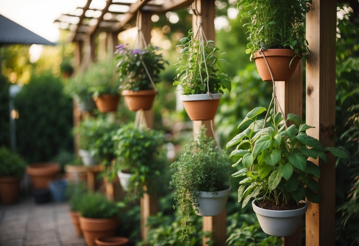 A wooden trellis with hanging pots of herbs, surrounded by lush greenery in a suburban backyard