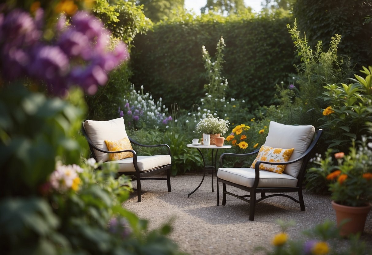 A cozy seating area is arranged in a spacious back garden, with comfortable chairs and a small table surrounded by lush greenery and colorful flowers